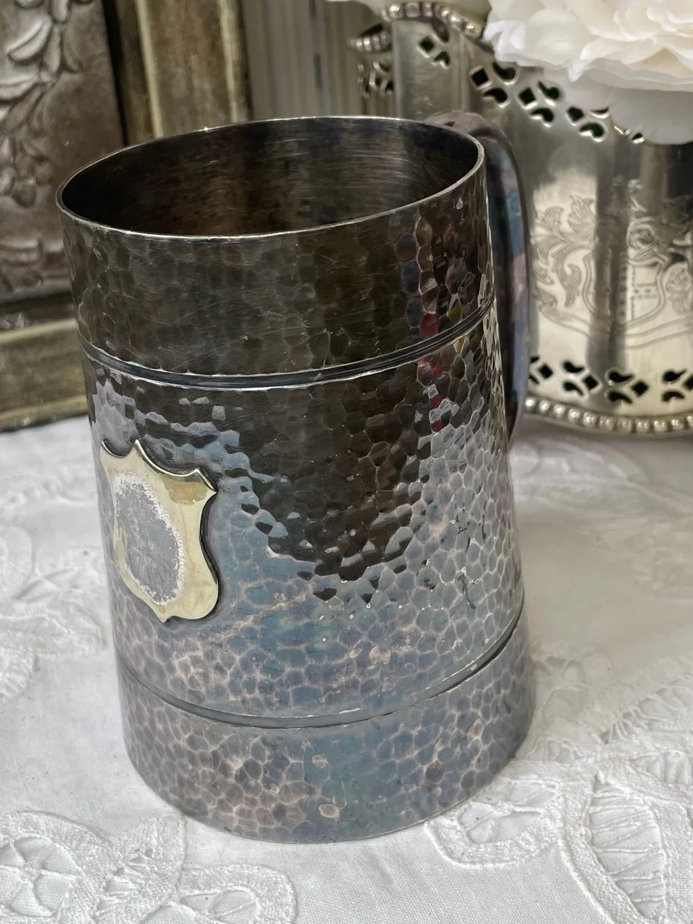 Mappin & Webb Silver hammered metal tankard shield Crest
